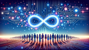 Abstrakte digitale Illustration eines KI-gesteuerten Werbenetzwerks mit fließenden Datenströmen und Zielgruppensilhouetten