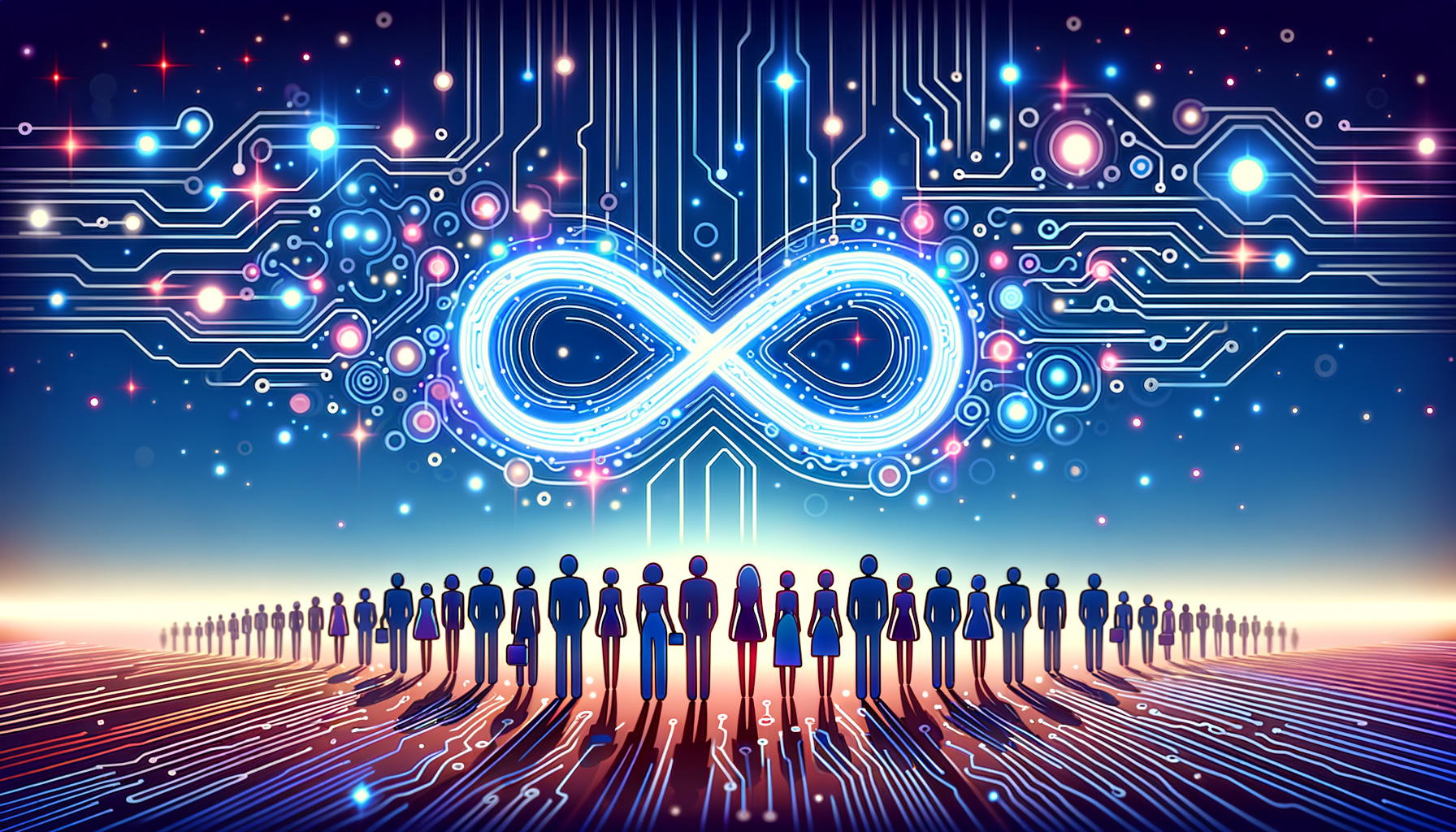 Abstrakte digitale Illustration eines KI-gesteuerten Werbenetzwerks mit fließenden Datenströmen und Zielgruppensilhouetten