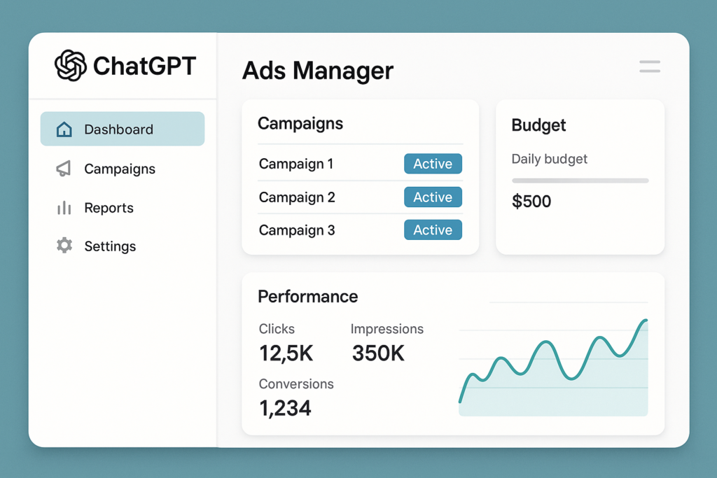 Illustration eines Ads-Managers für ChatGPT mit Dashboard, Kampagnensteuerung und Performance-Kennzahlen