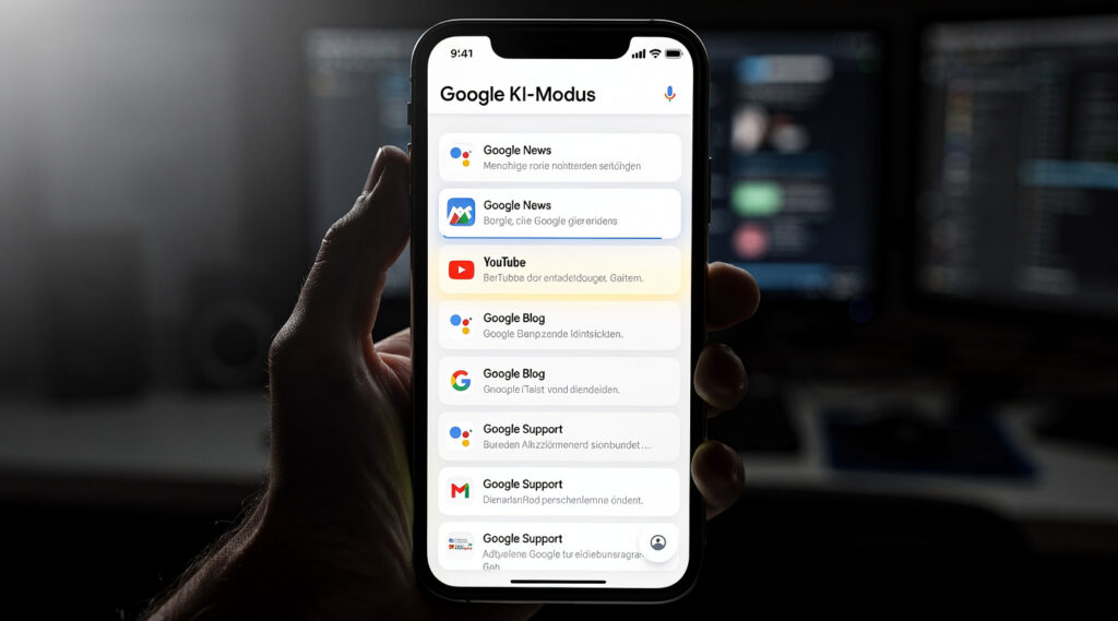 Google AI Mode auf Smartphone, Freepik-Visual für Clixplora Discover-Test