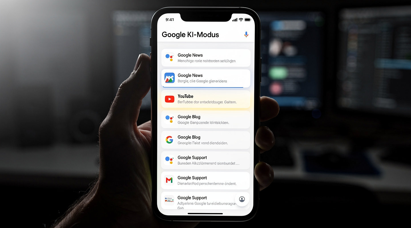 Google AI Mode auf Smartphone, Freepik-Visual für Clixplora Discover-Test