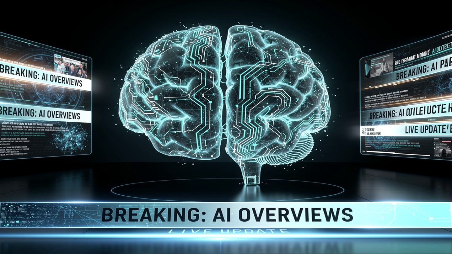 AI Overviews übernehmen Breaking News, dramatische Newsroom-Szene