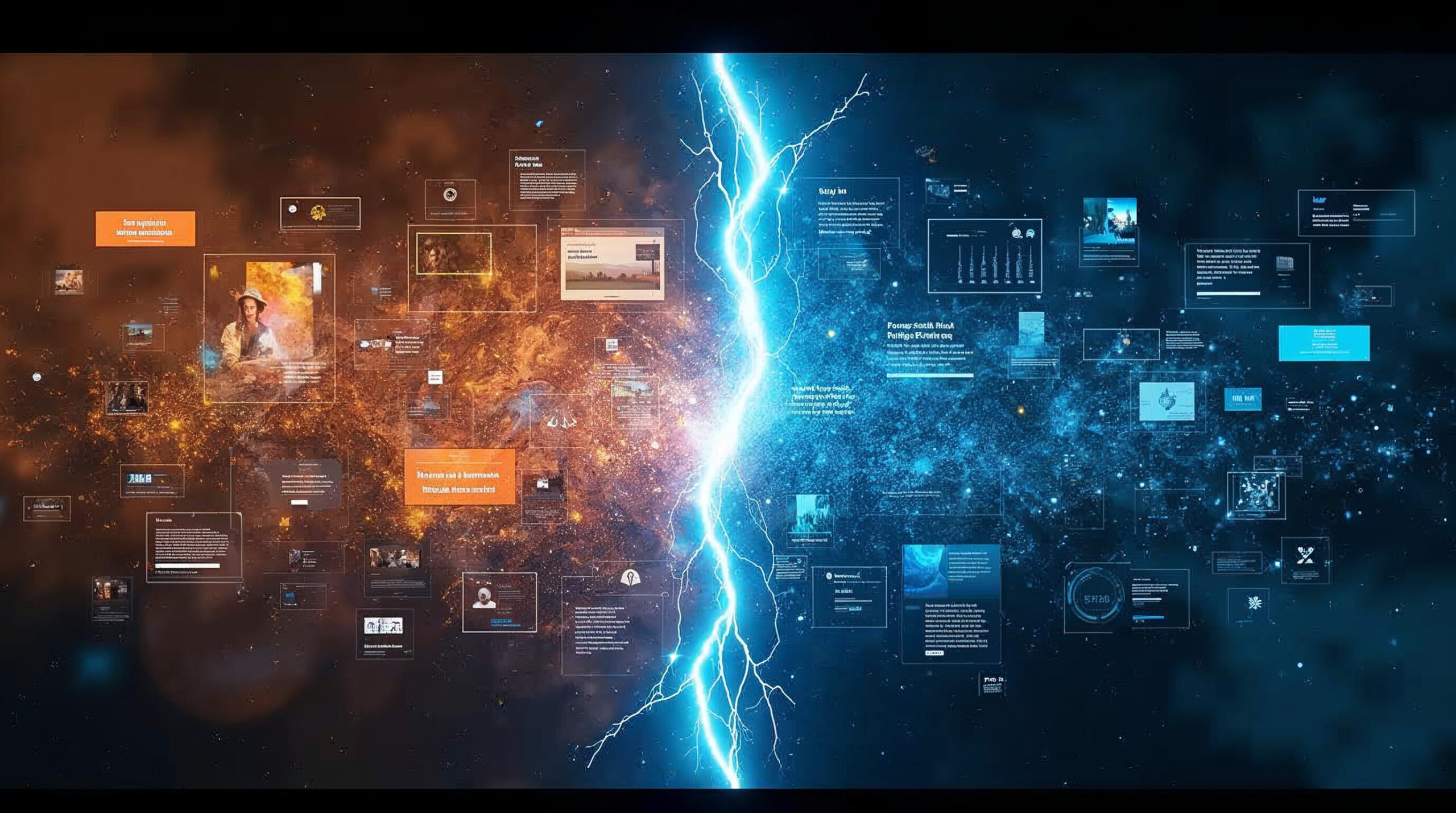 Gespaltener digitaler Bildschirm – links bunte KI-Werbebanner, rechts saubere werbefreie KI-Oberfläche – Symbolbild Werbung vs. Vertrauen in KI-Plattformen