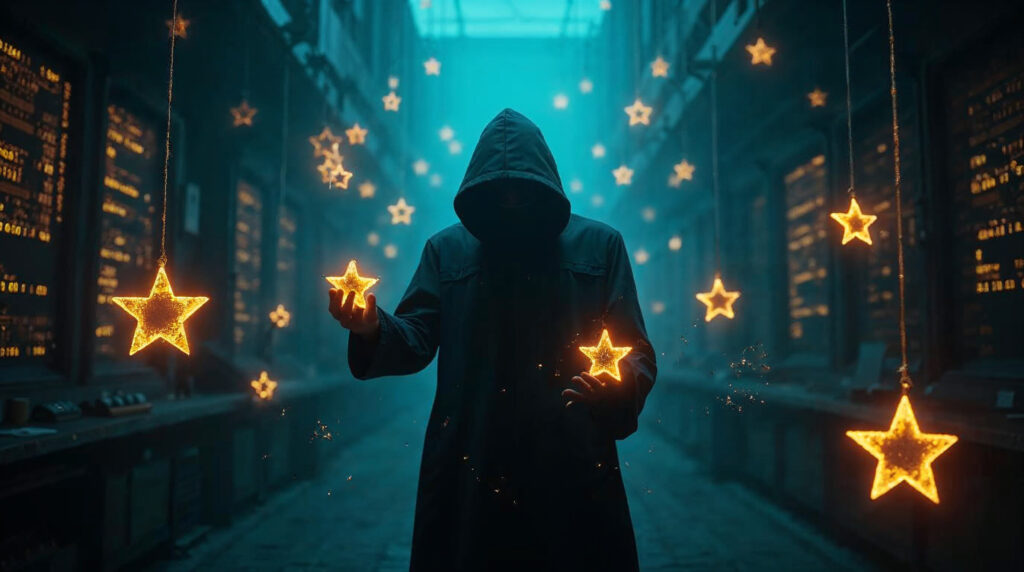 Schemenhafte Figur kauft gefälschte GitHub-Sterne in einem dunklen digitalen Untergrundmarkt – Symbolbild Fake Star Economy