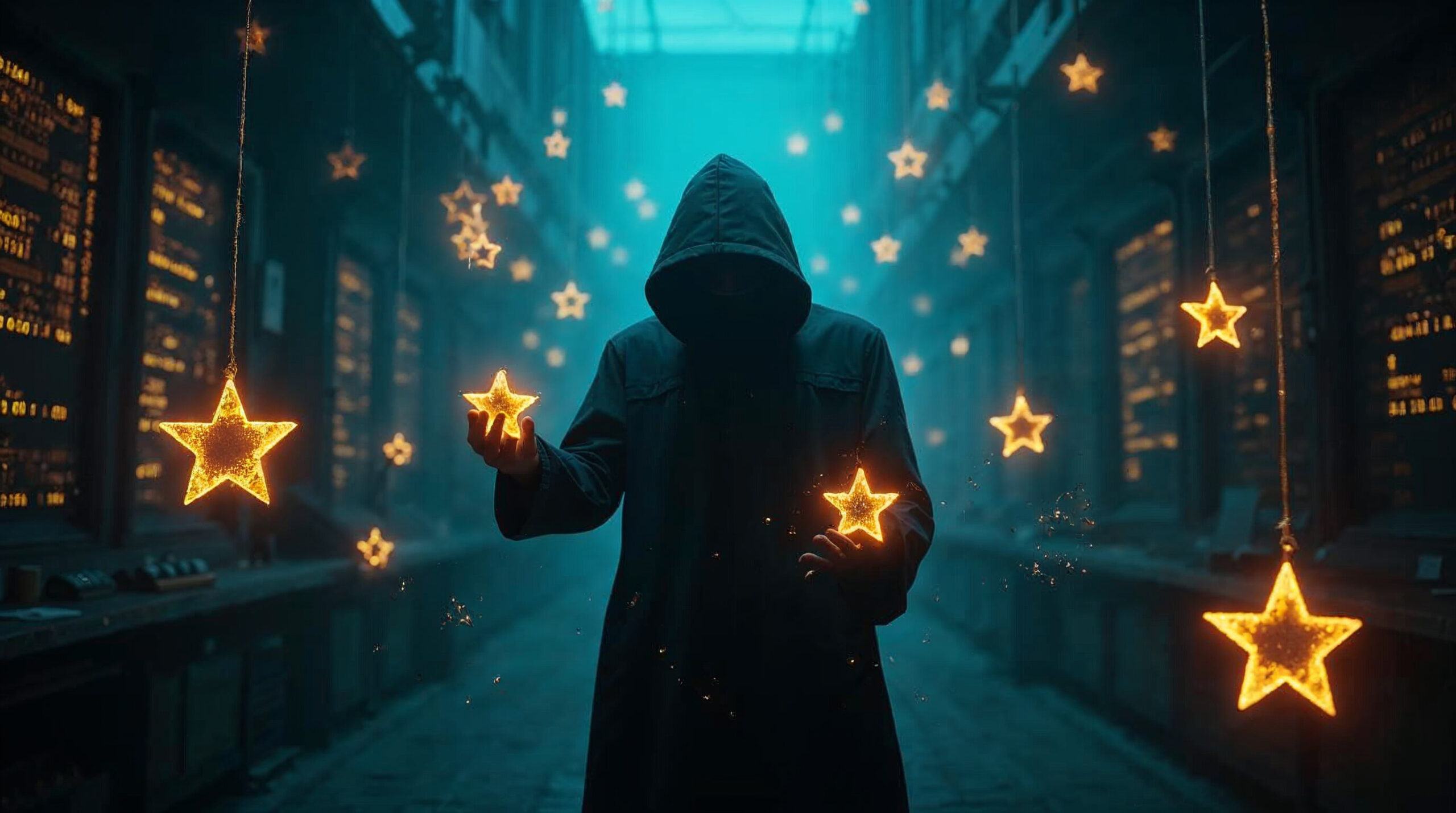 Schemenhafte Figur kauft gefälschte GitHub-Sterne in einem dunklen digitalen Untergrundmarkt – Symbolbild Fake Star Economy