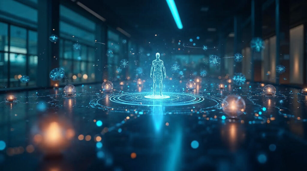 KI-Agenten 2026 – Autonome digitale Assistenten vernetzen Unternehmensprozesse in einer futuristischen Büroumgebung