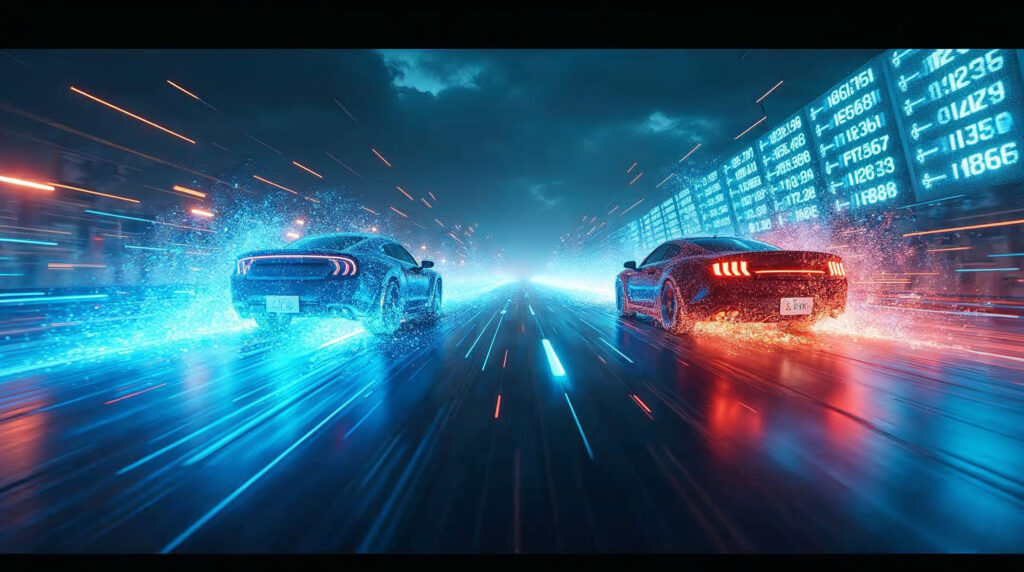 Zwei abstrakte Energieströme auf digitaler Autobahn – Meta in Blau überholt Google in bunten Farben – Symbolbild Machtwechsel im digitalen Werbemarkt 2026