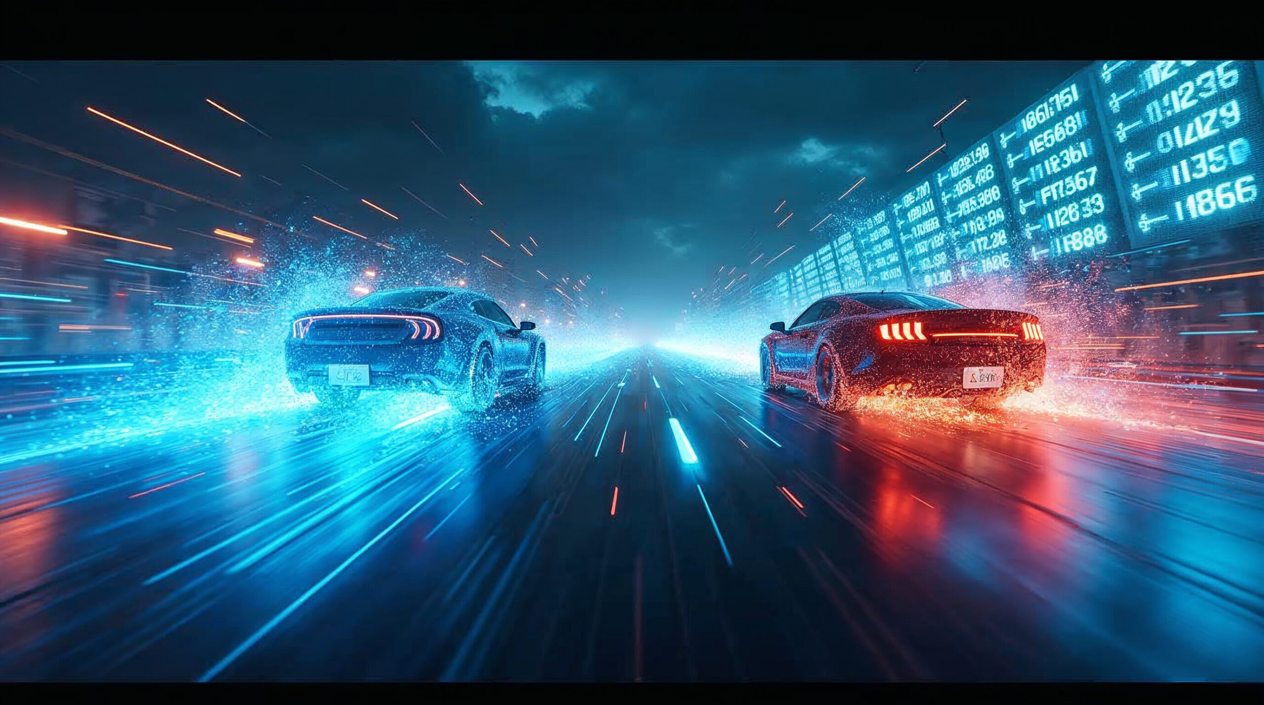 Zwei abstrakte Energieströme auf digitaler Autobahn – Meta in Blau überholt Google in bunten Farben – Symbolbild Machtwechsel im digitalen Werbemarkt 2026