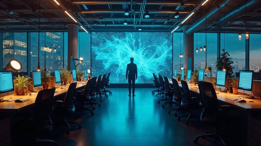 Leeres Tech-Büro mit KI-Hologrammen und einsamer Silhouette – Symbol für Massenentlassungen 2026