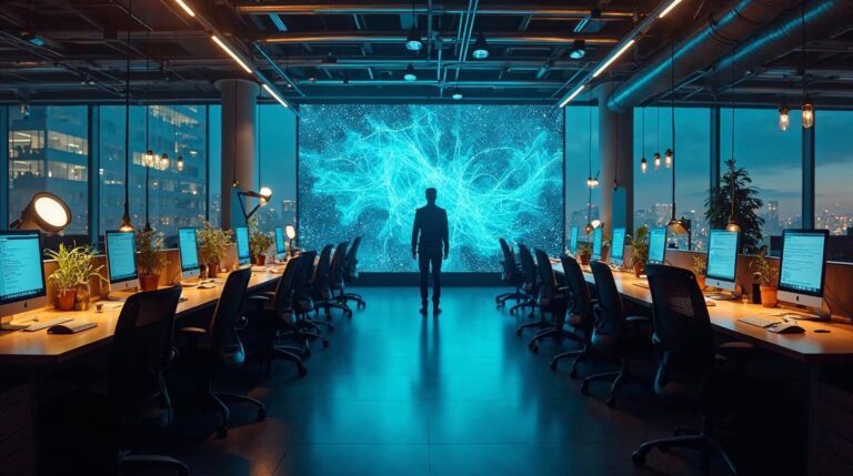 Leeres Tech-Büro mit KI-Hologrammen und einsamer Silhouette – Symbol für Massenentlassungen 2026