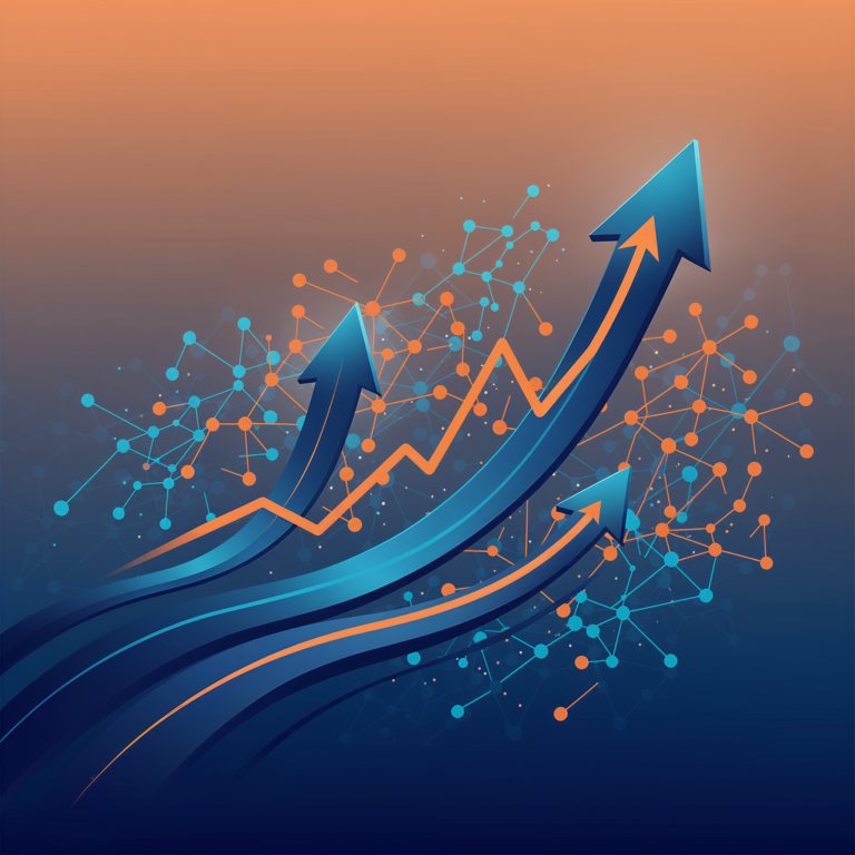 Abstract AI business success visualization with neural networks and growth charts