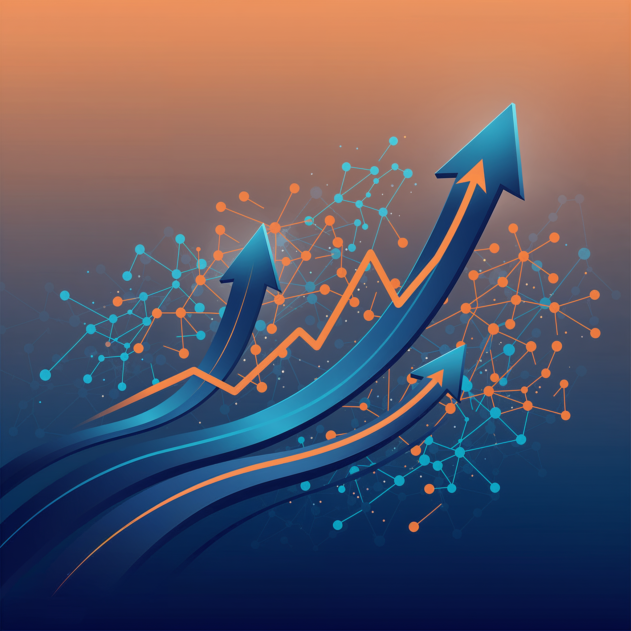 Abstract AI business success visualization with neural networks and growth charts