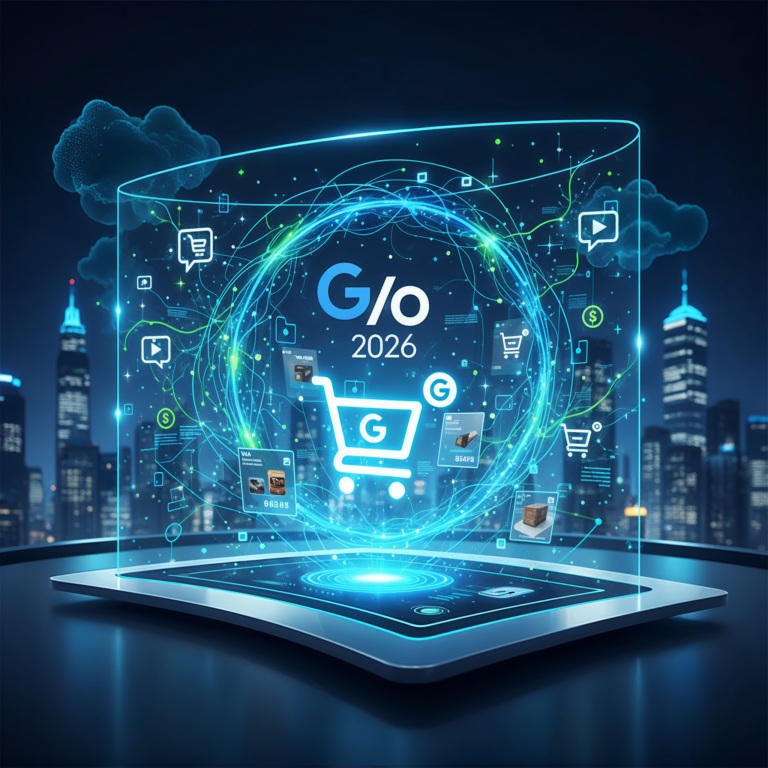 Futuristic visualization of Google I/O 2026 AI marketing concepts with digital ads and neural networks