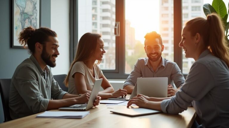 Business professionals collaborating in a modern office