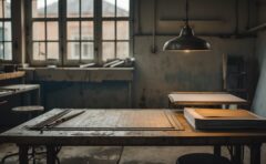 Leere Werkbank eines Designstudios mit Schneidematte, Lineal und Papierstapel bei weichem Fensterlicht