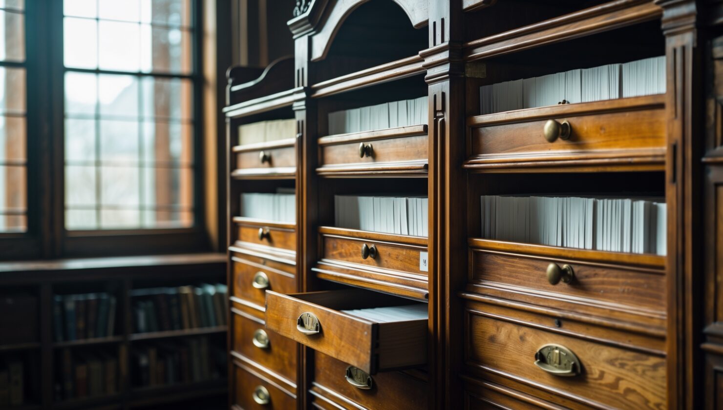 Geöffneter Zettelkasten einer Bibliothek mit leeren Karteikarten bei diffusem Tageslicht