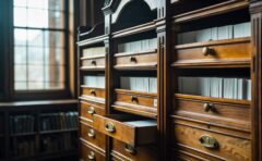 Geöffneter Zettelkasten einer Bibliothek mit leeren Karteikarten bei diffusem Tageslicht