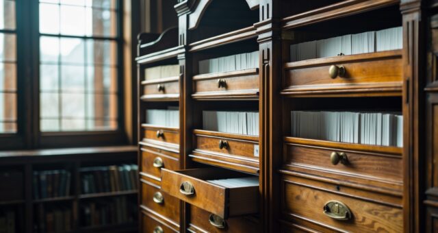 Geöffneter Zettelkasten einer Bibliothek mit leeren Karteikarten bei diffusem Tageslicht