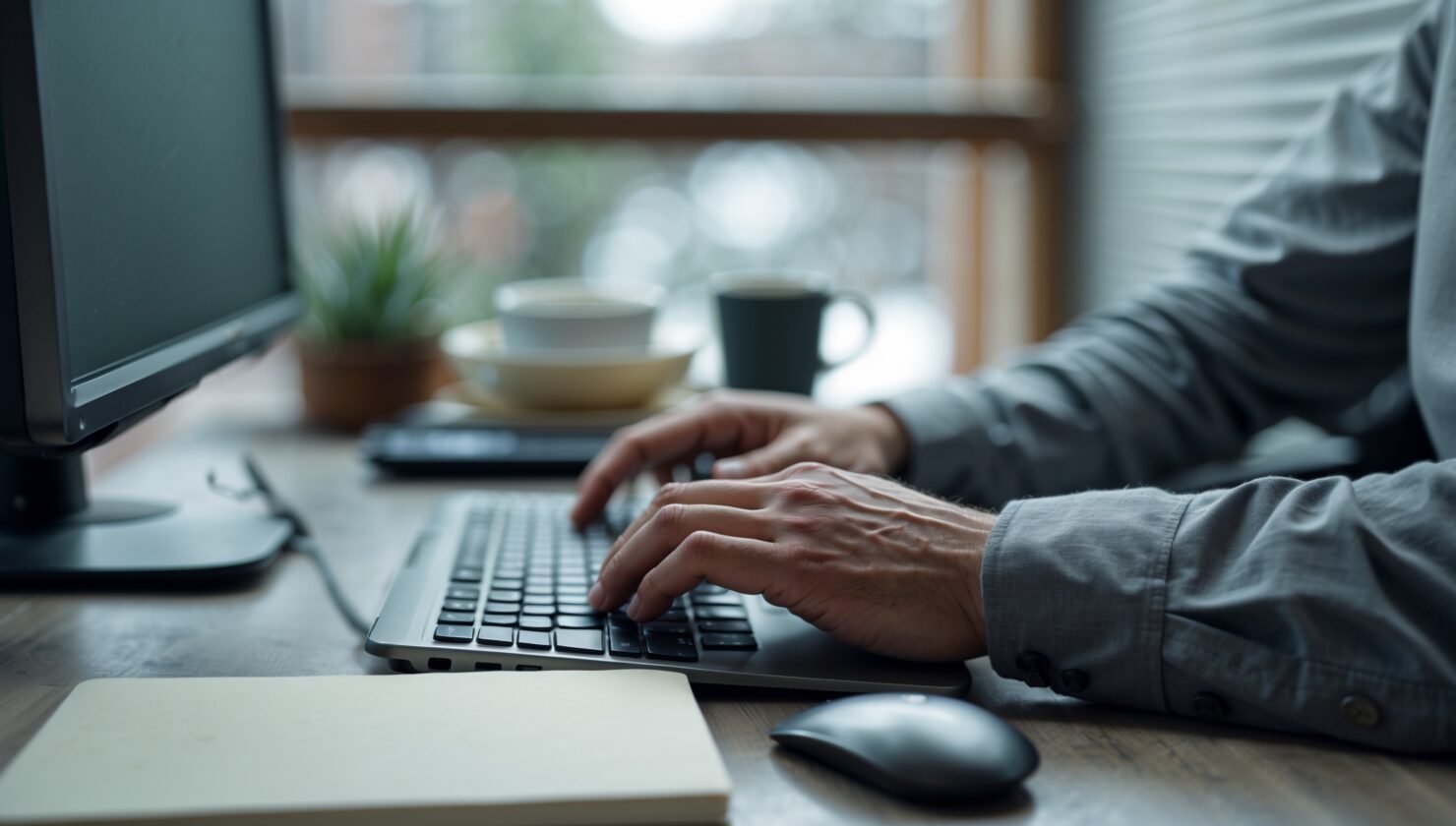 Person arbeitet am Laptop in einem ruhigen Büro mit bedecktem Tageslicht