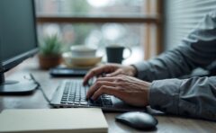 Person arbeitet am Laptop in einem ruhigen Büro mit bedecktem Tageslicht