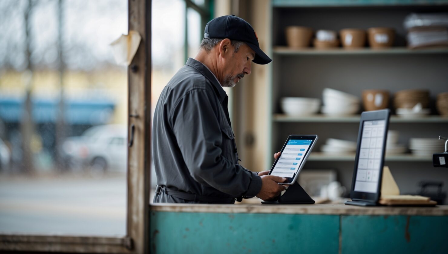 Ladeninhaber schaut auf einem Tablet nach aktuellen Beiträgen seines Unternehmensprofils