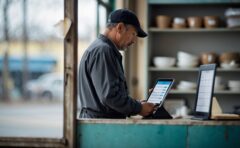 Ladeninhaber schaut auf einem Tablet nach aktuellen Beiträgen seines Unternehmensprofils