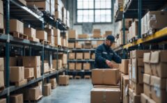 Lagerregal mit unbeschrifteten Kartons in einem Onlineshop-Versandraum bei bedecktem Tageslicht