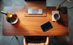 Draufsicht auf einen Schreibtisch mit Smartphone, Notizbuch und Lampe in warmen Beige- und Messingtönen