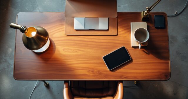 Draufsicht auf einen Schreibtisch mit Smartphone, Notizbuch und Lampe in warmen Beige- und Messingtönen