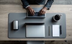 Draufsicht auf einen aufgeräumten Schreibtisch mit Laptop, Notizblock und Kaffeetasse in kühlem, neutralem Licht