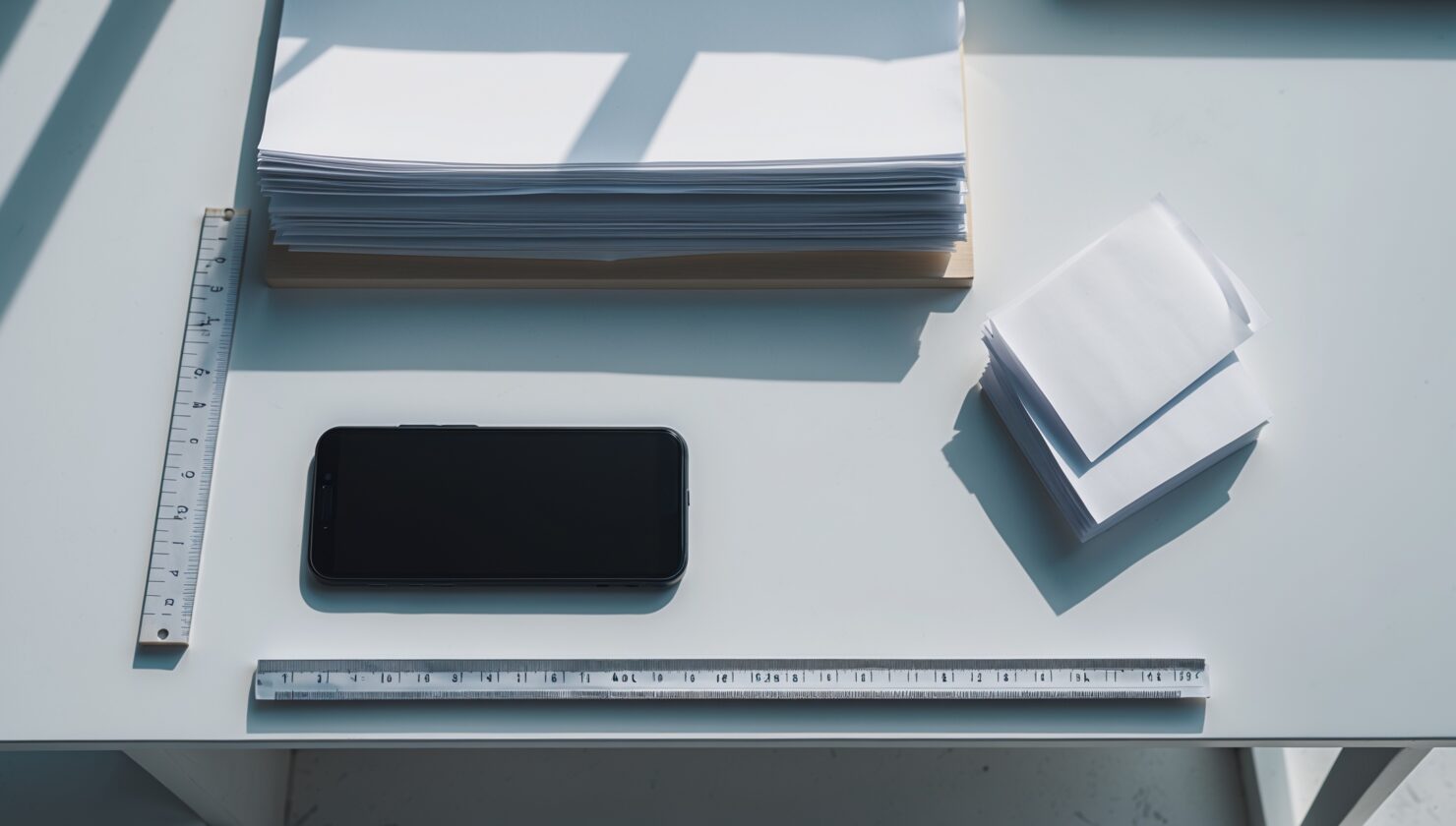 Aufsicht von oben auf einen aufgeräumten weißen Schreibtisch mit Smartphone und Papier als Symbolbild für Web-Messdaten