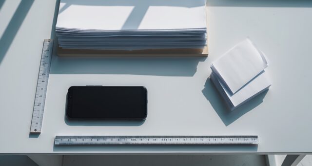 Aufsicht von oben auf einen aufgeräumten weißen Schreibtisch mit Smartphone und Papier als Symbolbild für Web-Messdaten