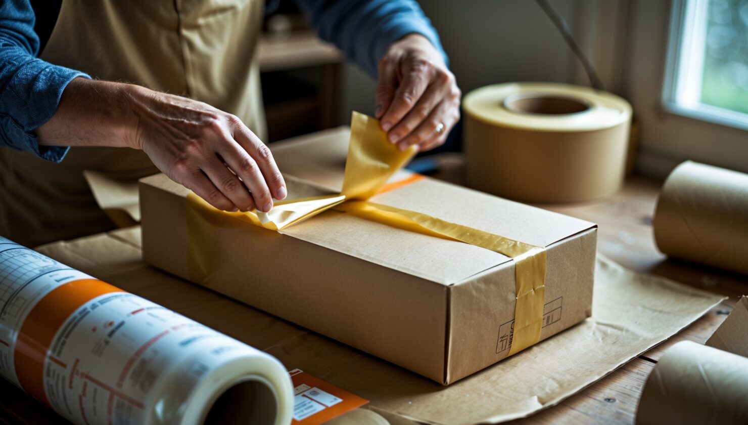 Hände verpacken einen Karton an einem Packtisch mit Papierrollen im Tageslicht
