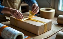 Hände verpacken einen Karton an einem Packtisch mit Papierrollen im Tageslicht
