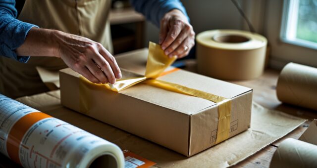 Hände verpacken einen Karton an einem Packtisch mit Papierrollen im Tageslicht