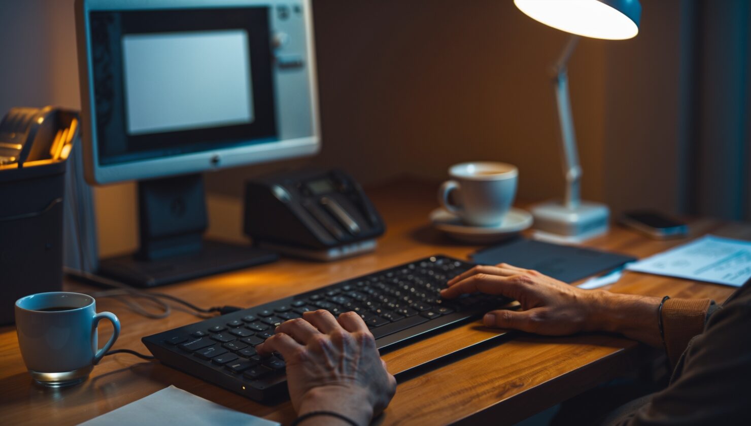 Hände tippen abends am Laptop im Schein einer Schreibtischlampe, im Hintergrund ein Monitor