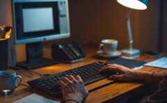 Hände tippen abends am Laptop im Schein einer Schreibtischlampe, im Hintergrund ein Monitor