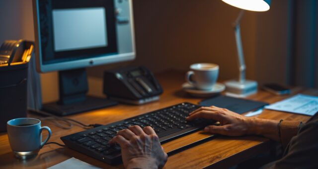 Hände tippen abends am Laptop im Schein einer Schreibtischlampe, im Hintergrund ein Monitor