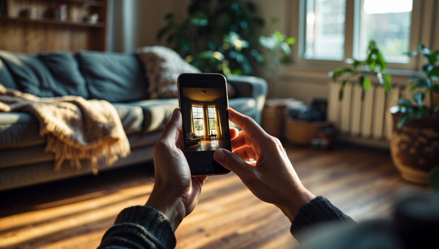 Hände halten ein Smartphone in einem warm beleuchteten Wohnzimmer am späten Nachmittag.