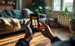 Hände halten ein Smartphone in einem warm beleuchteten Wohnzimmer am späten Nachmittag.
