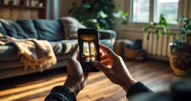 Hände halten ein Smartphone in einem warm beleuchteten Wohnzimmer am späten Nachmittag.