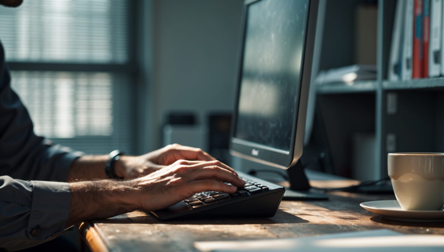 Hände tippen auf einer Tastatur vor einem von hinten sichtbaren Monitor in einem Büro mit mattem Fensterlicht