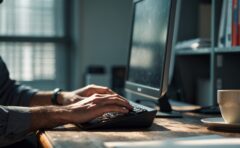 Hände tippen auf einer Tastatur vor einem von hinten sichtbaren Monitor in einem Büro mit mattem Fensterlicht
