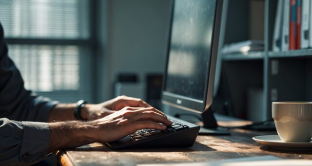 Hände tippen auf einer Tastatur vor einem von hinten sichtbaren Monitor in einem Büro mit mattem Fensterlicht