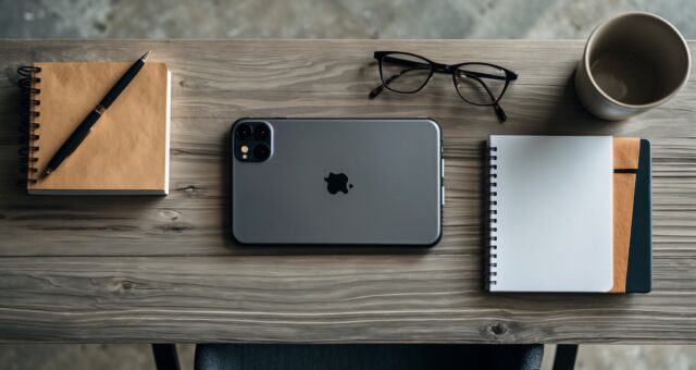 Aufsicht von oben auf einen Schreibtisch mit Smartphone, Notizbuch und Kaffeetasse in kühlem Tageslicht