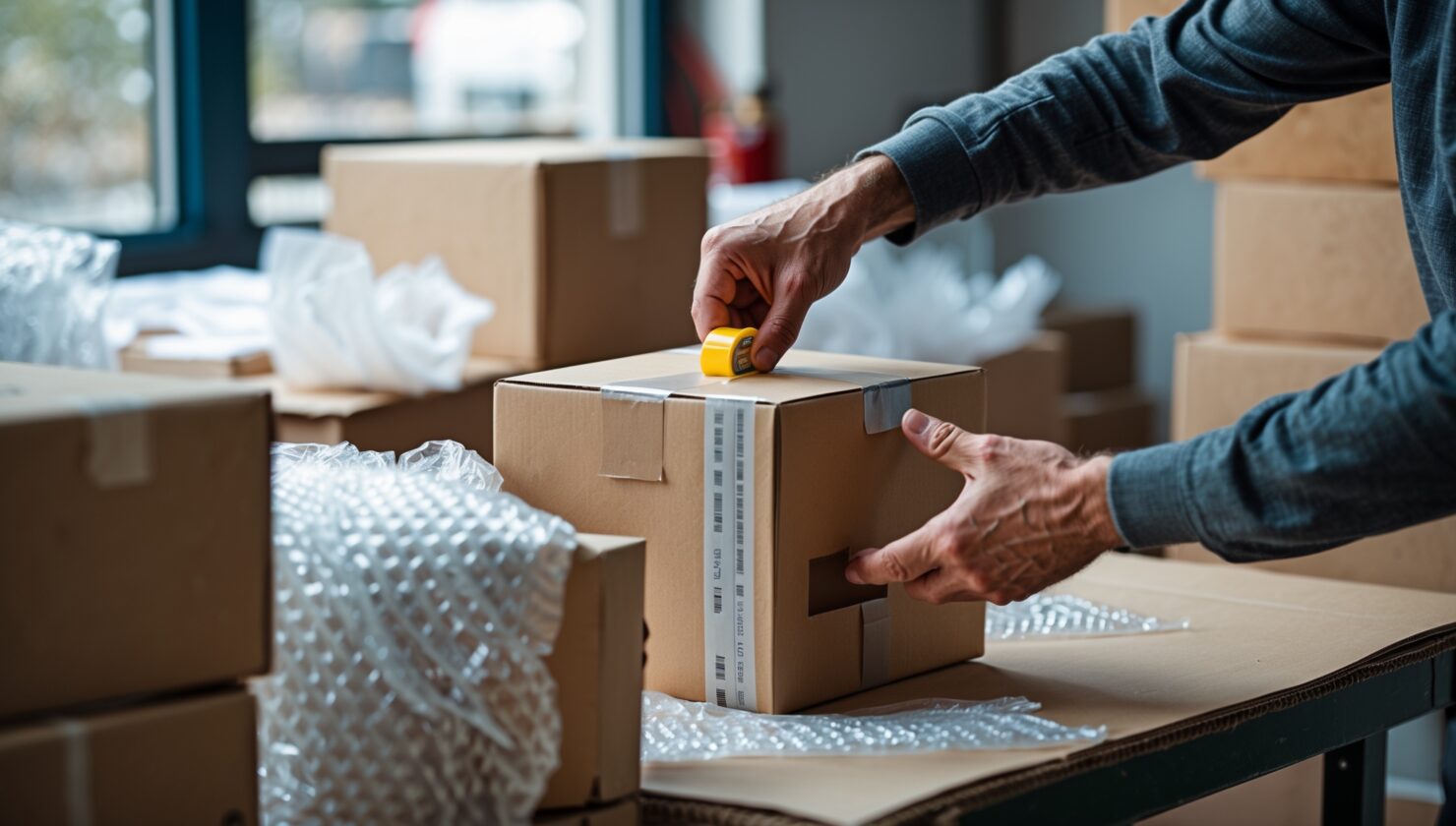 Hände verpacken ein Paket in einem kleinen Lager als Symbolbild für Amazon-Verkäufer