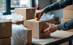 Hände verpacken ein Paket in einem kleinen Lager als Symbolbild für Amazon-Verkäufer