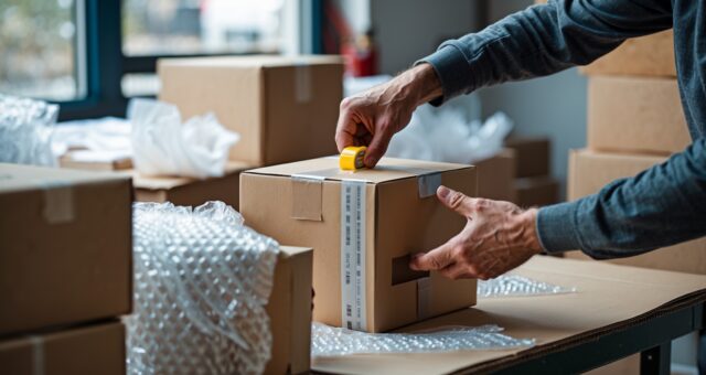 Hände verpacken ein Paket in einem kleinen Lager als Symbolbild für Amazon-Verkäufer