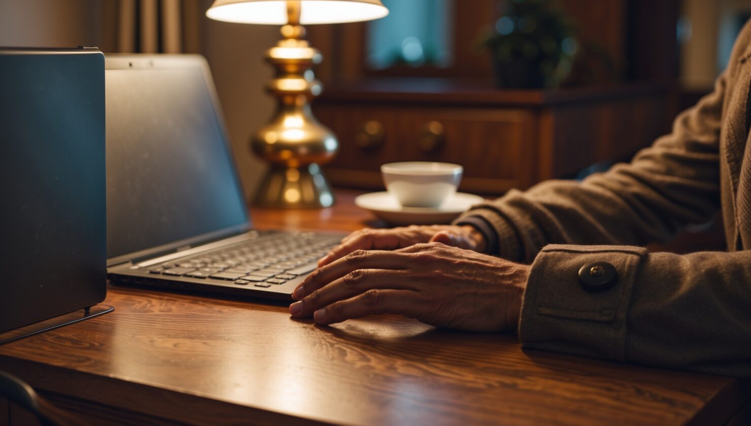 Hände an einem Laptop in warm beleuchtetem Arbeitszimmer, symbolisch für Werbeauslieferung im Browser