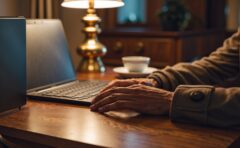 Hände an einem Laptop in warm beleuchtetem Arbeitszimmer, symbolisch für Werbeauslieferung im Browser